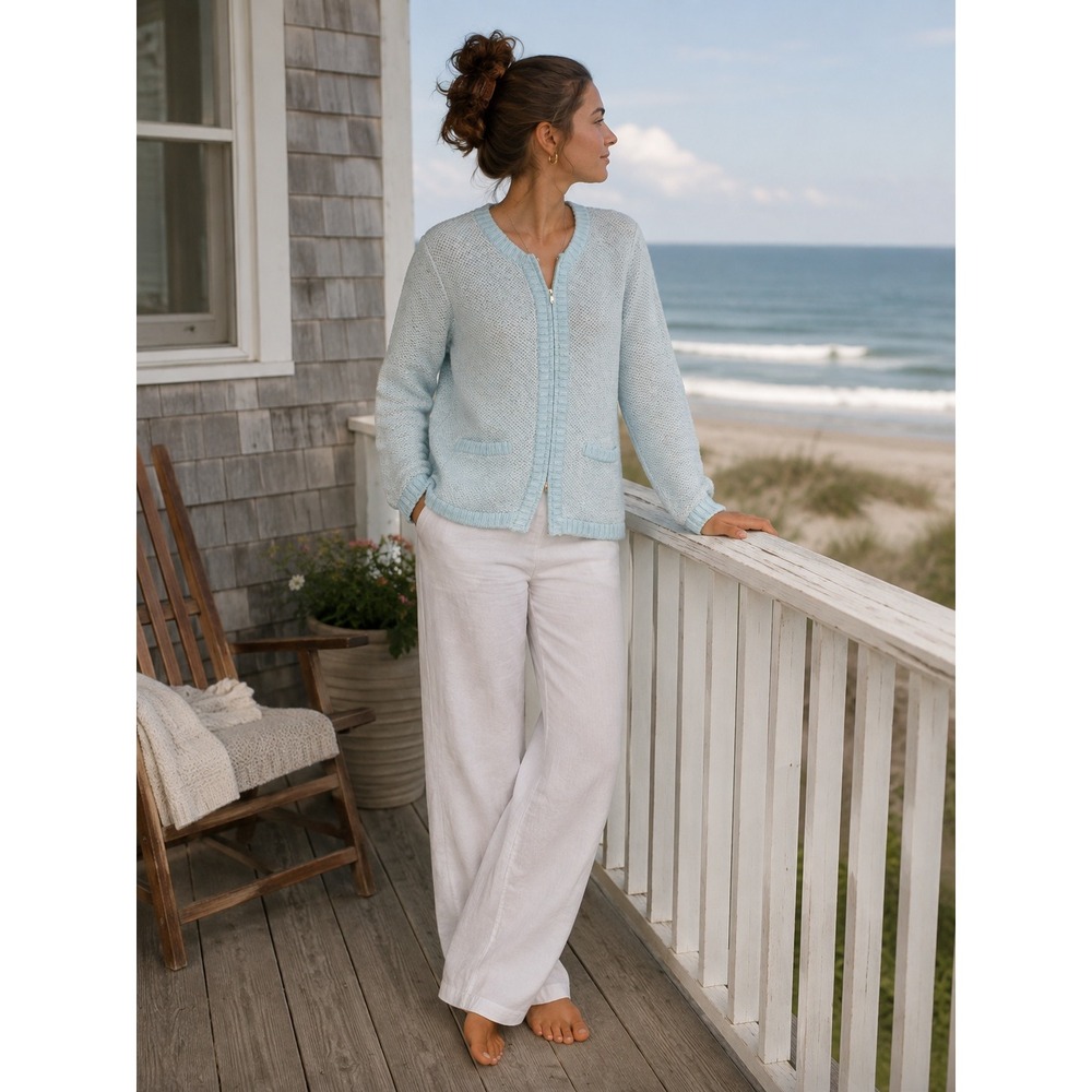 Ann Taylor Cardigan Women Small Blue Merino Wool Blend Zip Front Textured Knit